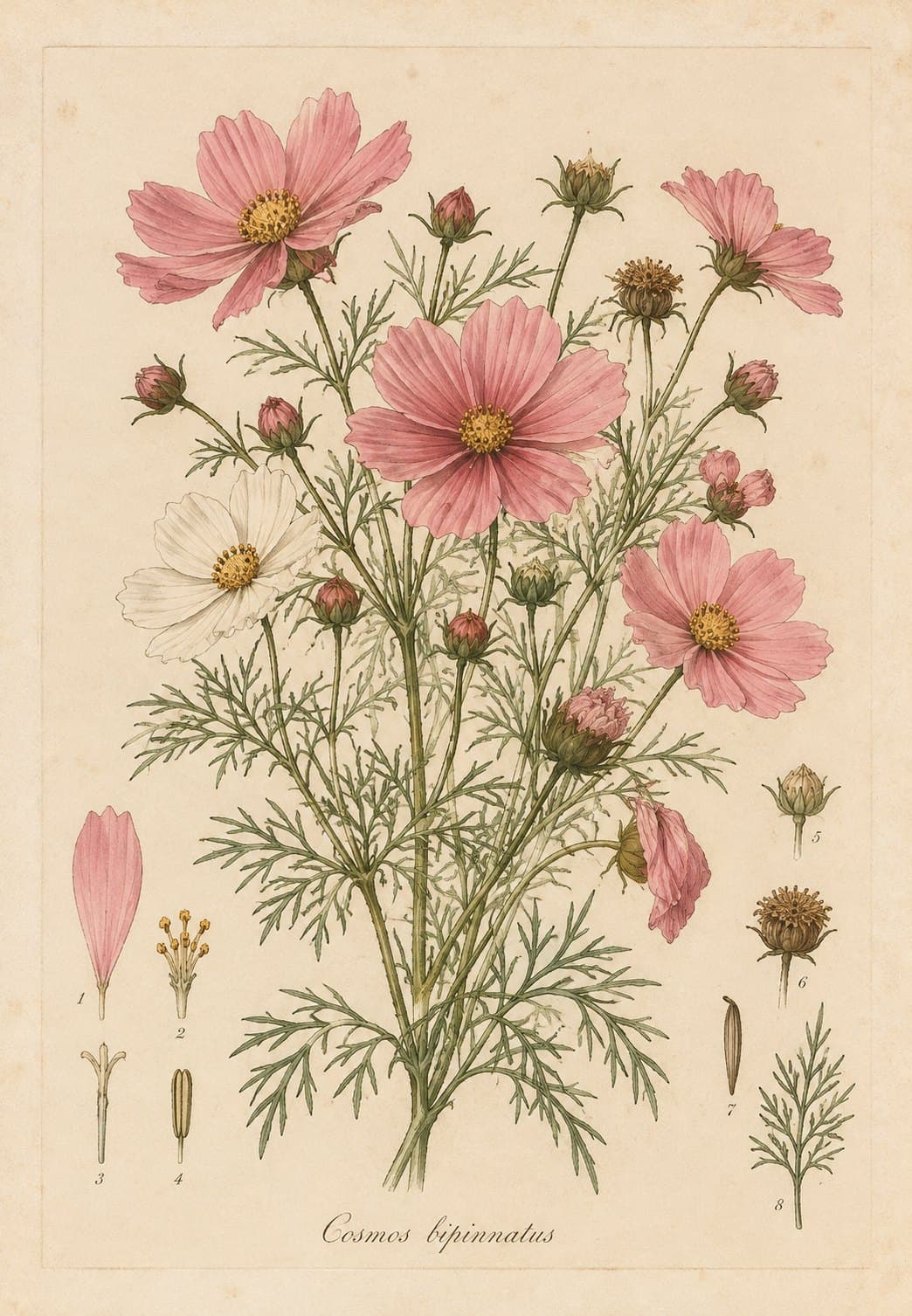 Botanical plate of pink garden cosmos with seed heads