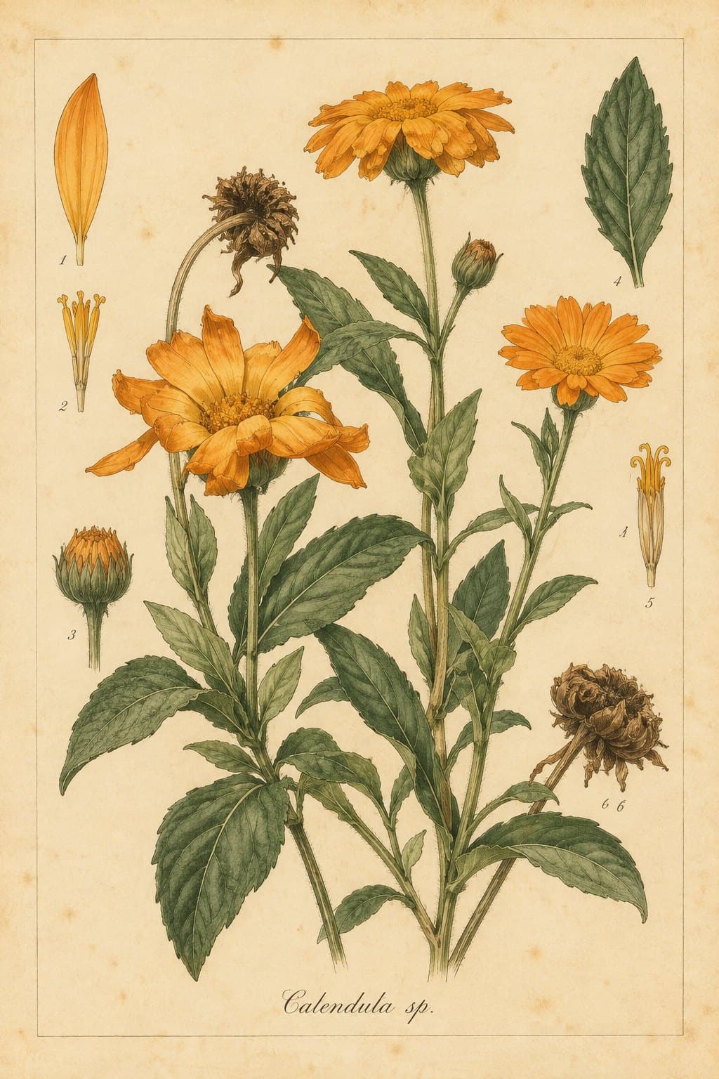 Botanical plate of orange calendula with seed heads
