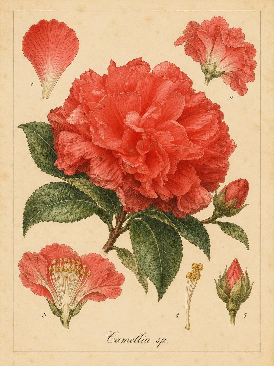 Botanical plate of a red camellia with petal and stamen studies