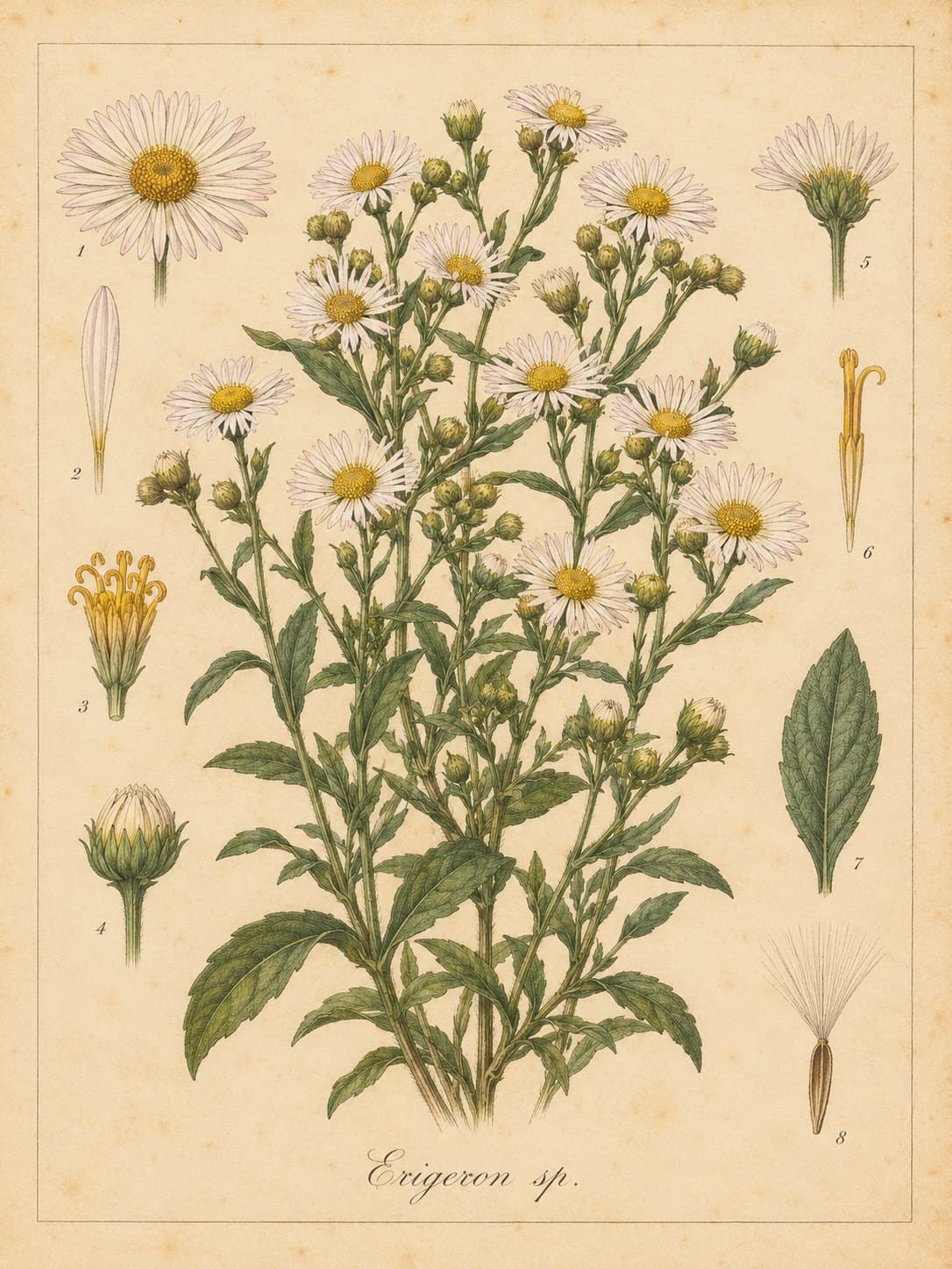 Botanical plate of fleabane with flower and leaf studies