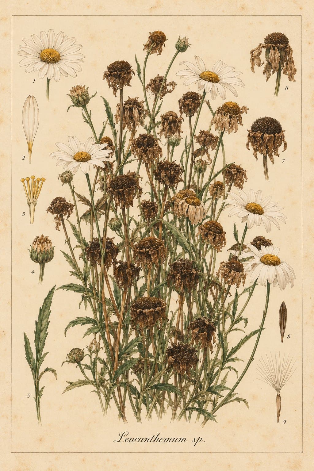 Botanical plate of daisies, most of them gone to seed