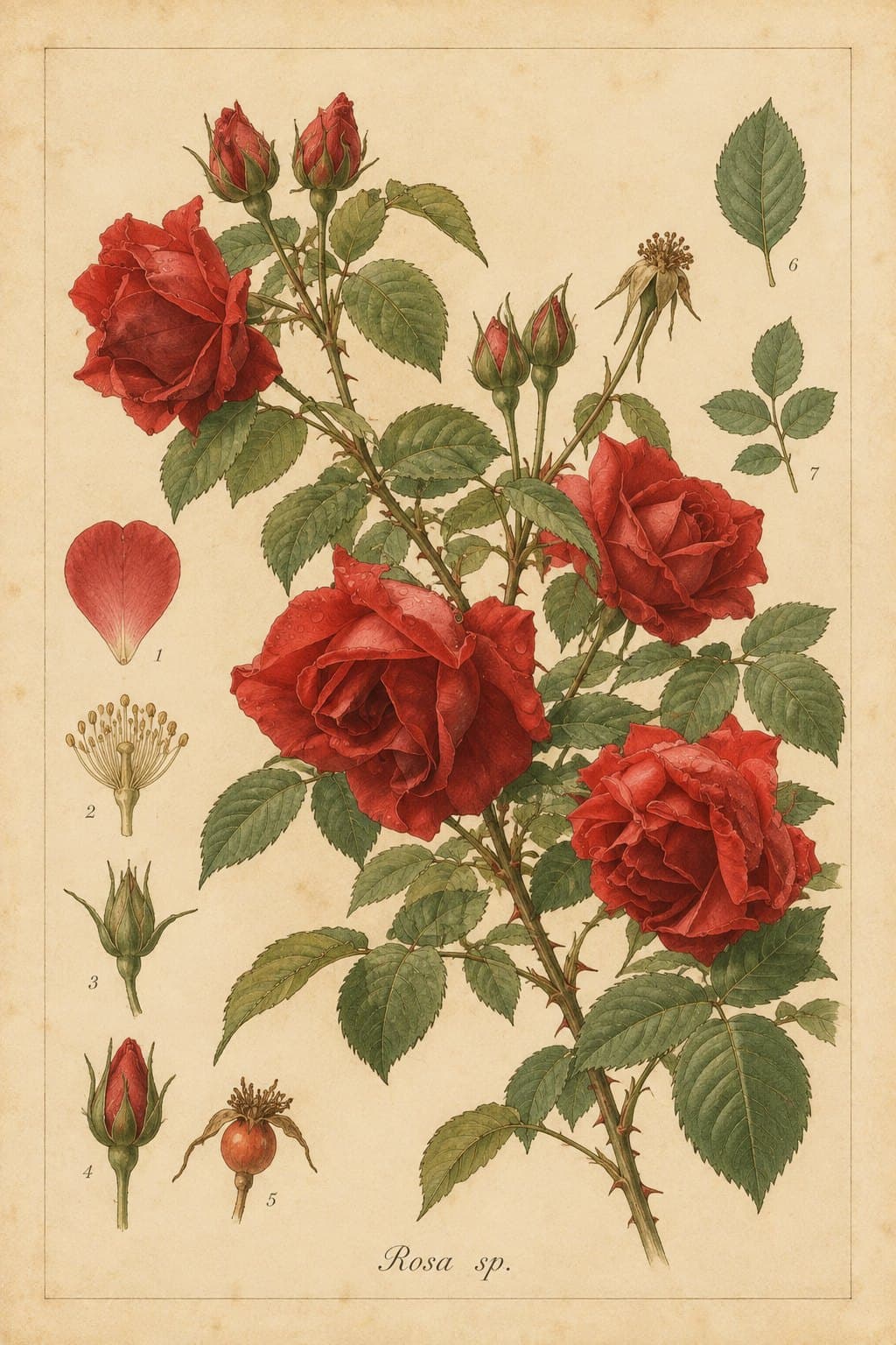 Botanical plate of a red rose with buds, hips and a petal study