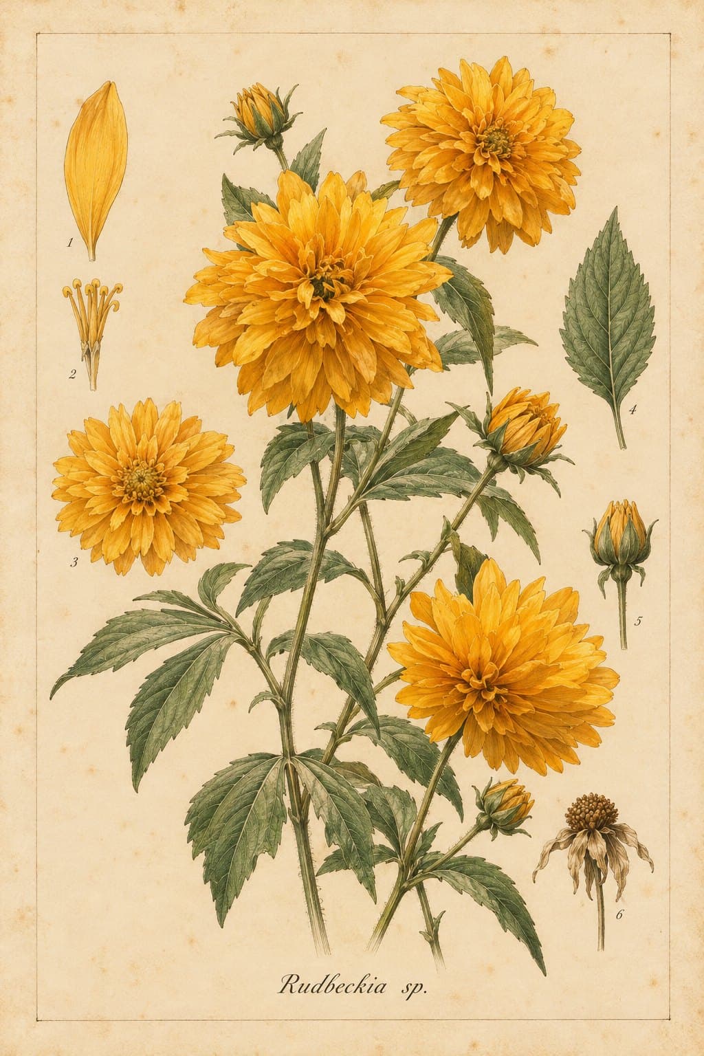 Botanical plate of double yellow rudbeckia