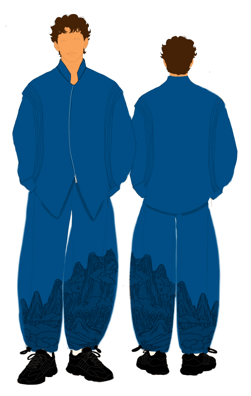 Design study: indigo zip jacket and trousers with a mountain-line hem