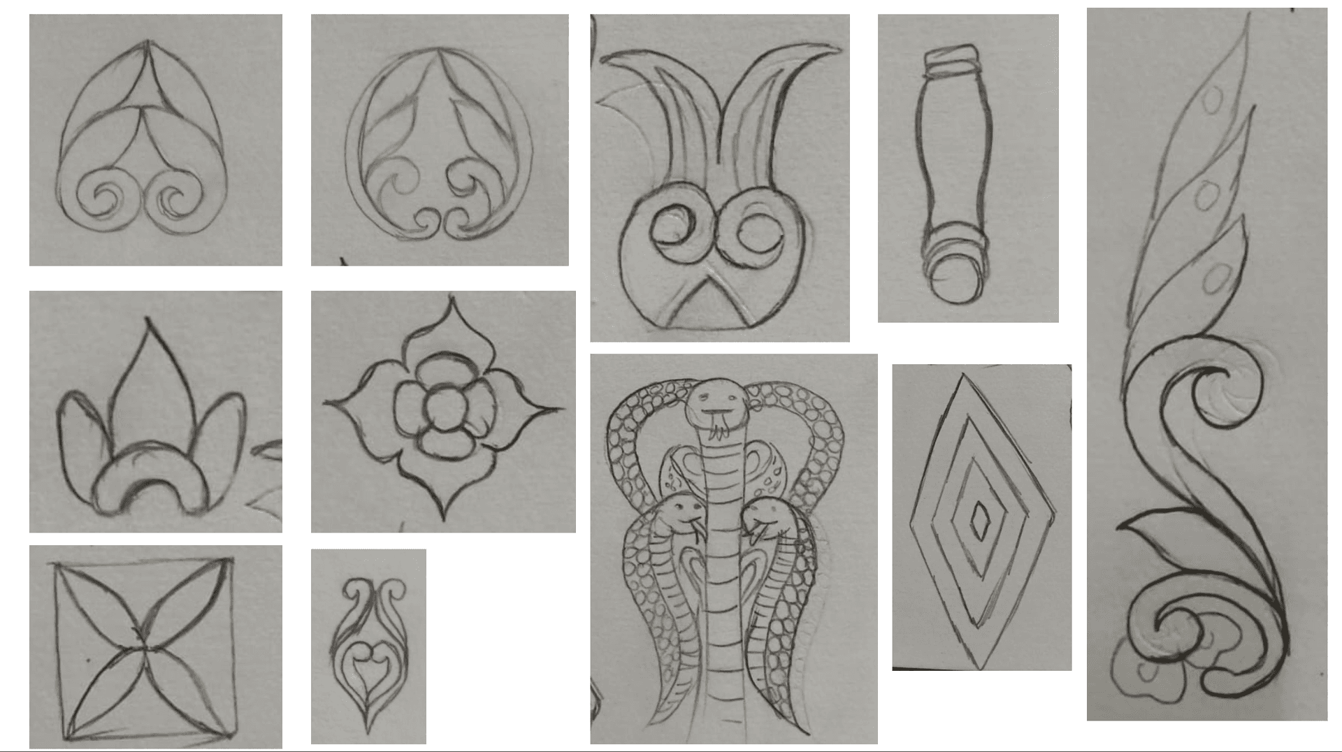 Pencil motif studies from temple carvings